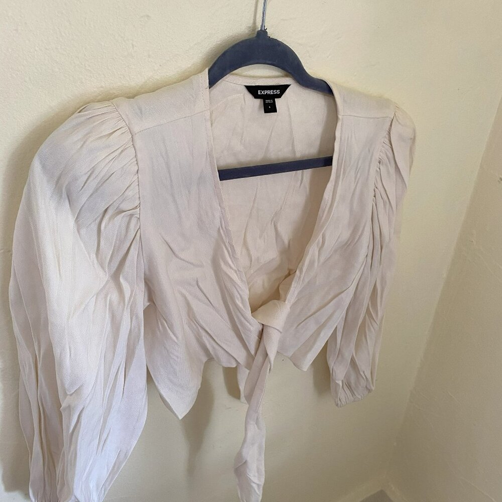 Express Ivory White Wrap Shirt with Puffed Sleeves Size Small